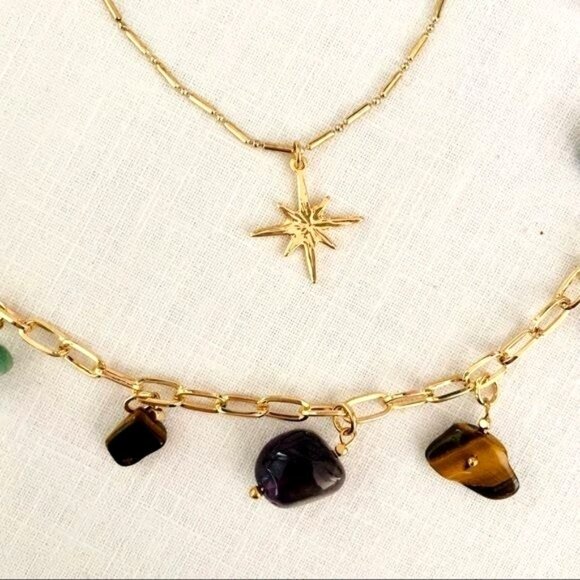 Double Layer Necklace of Golden Chain w/ Natural Stones Star Pendant Adjustable - Picture 3 of 5